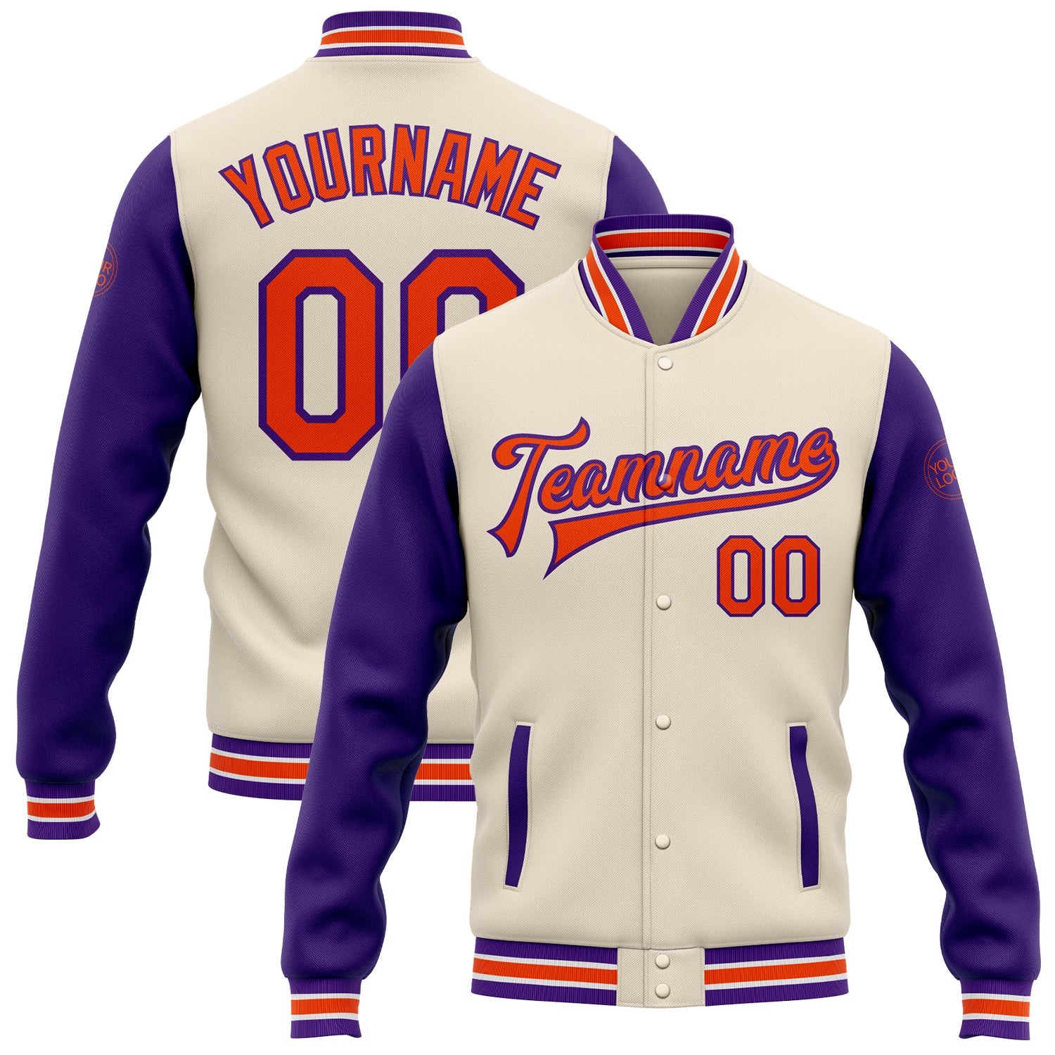 Custom Cream Orange-Purple Bomber Full-Snap Varsity Letterman Two Tone Jacket - Main View