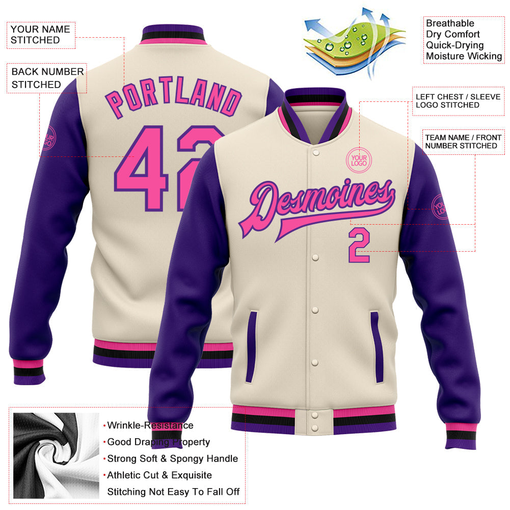Custom Cream Pink Purple-Black Bomber Full-Snap Varsity Letterman Two Tone Jacket view 5