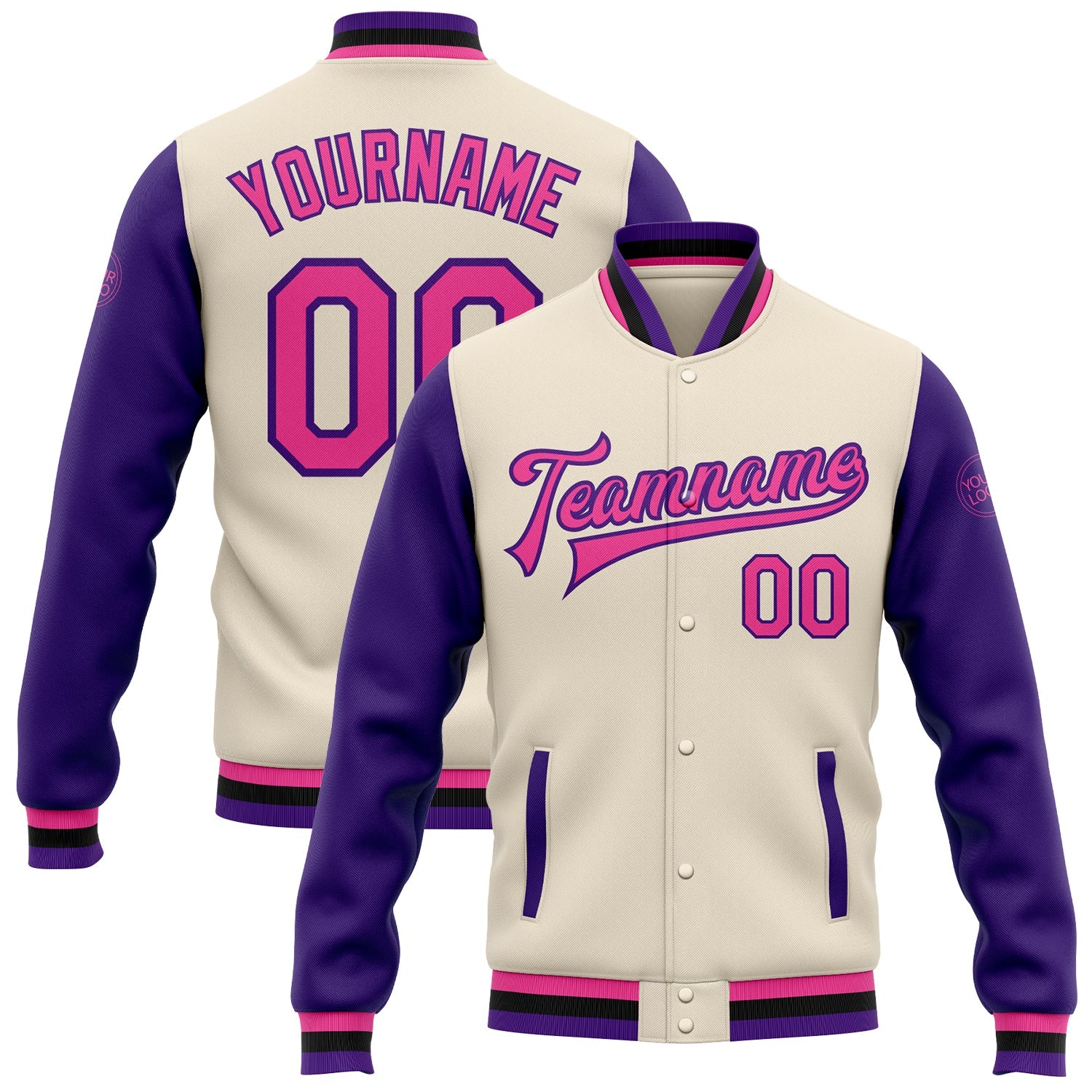 Custom Cream Pink Purple-Black Bomber Full-Snap Varsity Letterman Two Tone Jacket - Main View