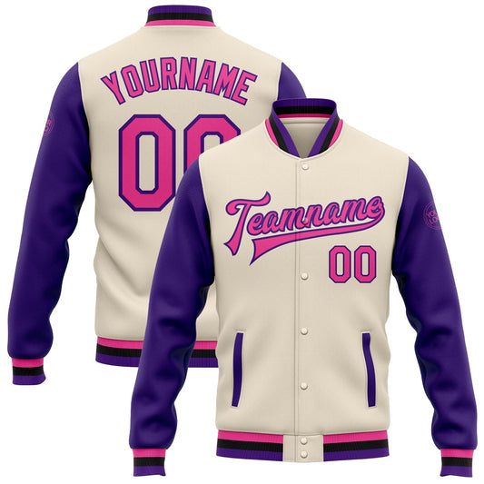 Custom Cream Pink Purple-Black Bomber Full-Snap Varsity Letterman Two Tone Jacket - Main View