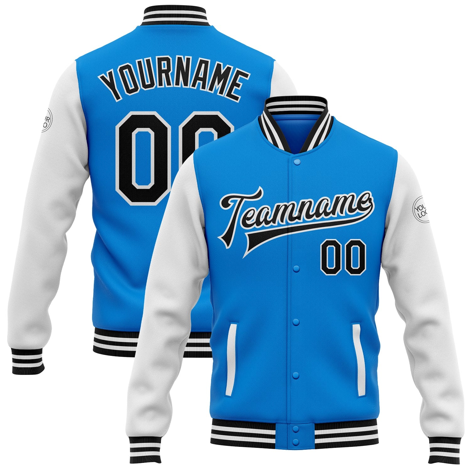 Custom Powder Blue Black-White Bomber Full-Snap Varsity Letterman Two Tone Jacket - Main View