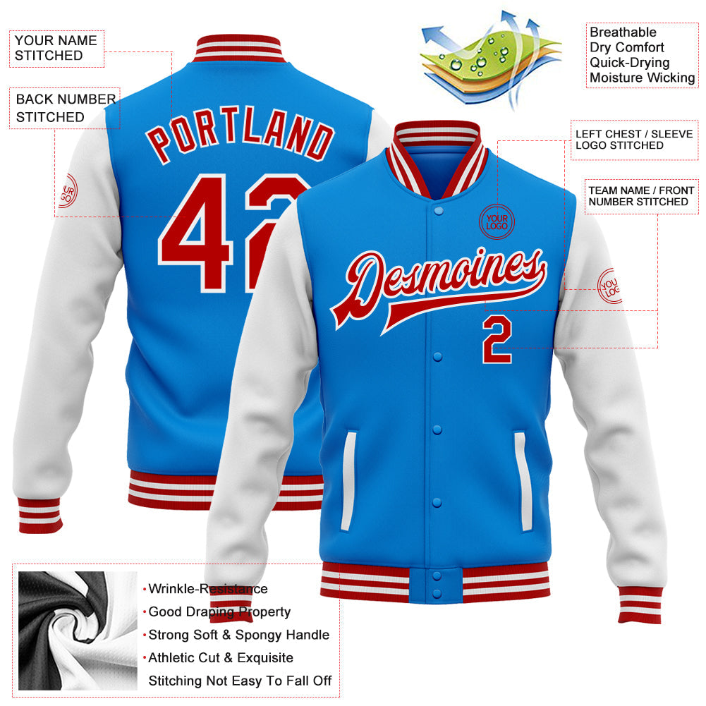 Custom Powder Blue Red-White Bomber Full-Snap Varsity Letterman Two Tone Jacket view 5