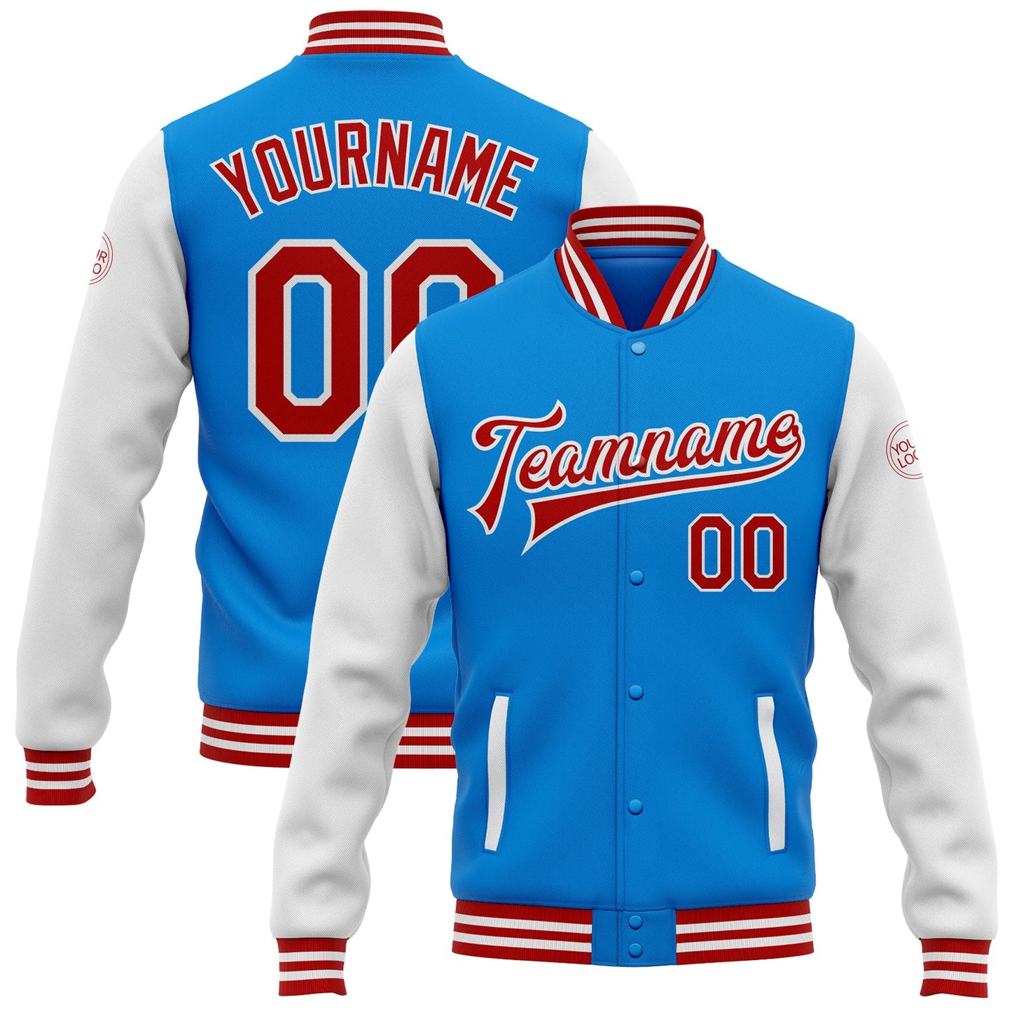 Custom Powder Blue Red-White Bomber Full-Snap Varsity Letterman Two Tone Jacket - Main View