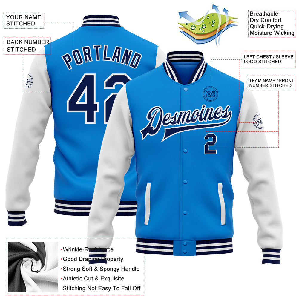 Custom Powder Blue Navy-White Bomber Full-Snap Varsity Letterman Two Tone Jacket view 5