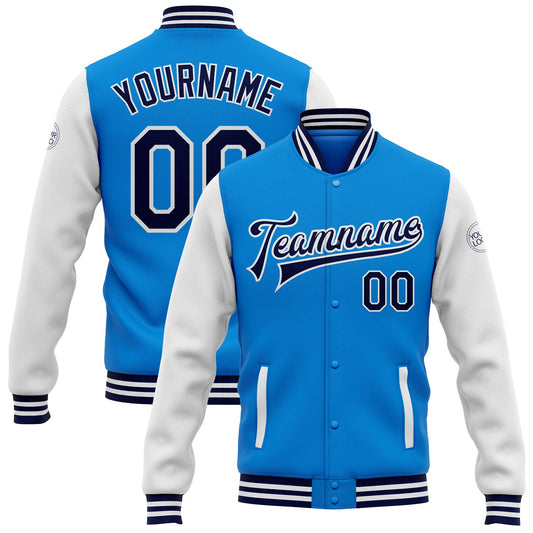 Custom Powder Blue Navy-White Bomber Full-Snap Varsity Letterman Two Tone Jacket - Main View