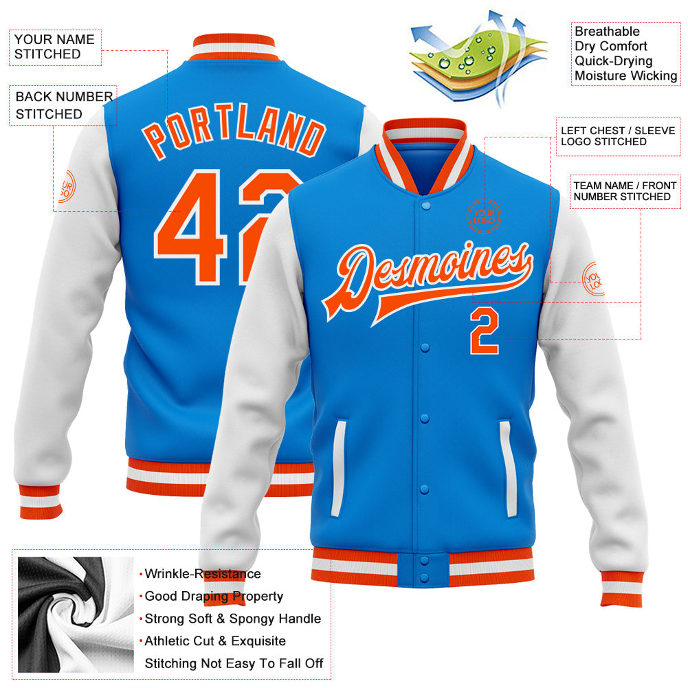Custom Powder Blue Orange-White Bomber Full-Snap Varsity Letterman Two Tone Jacket view 5