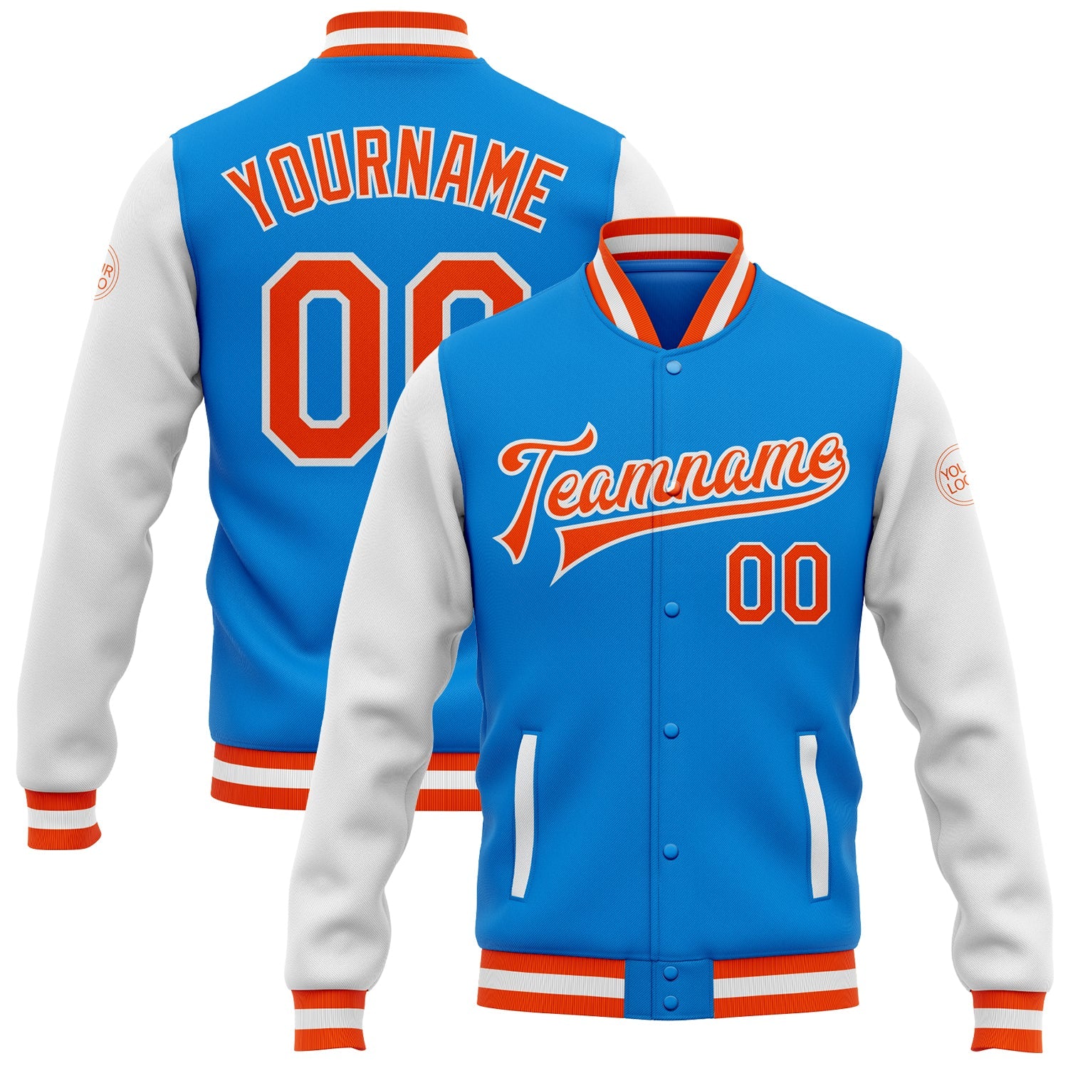 Custom Powder Blue Orange-White Bomber Full-Snap Varsity Letterman Two Tone Jacket - Main View