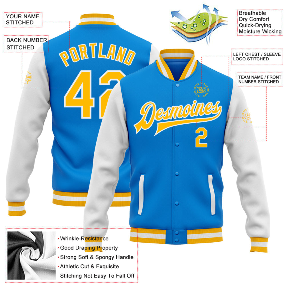 Custom Powder Blue Gold-White Bomber Full-Snap Varsity Letterman Two Tone Jacket view 5
