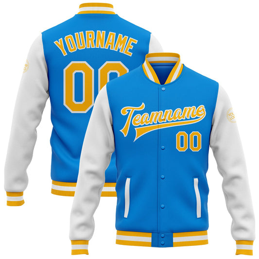 Custom Powder Blue Gold-White Bomber Full-Snap Varsity Letterman Two Tone Jacket - Main View