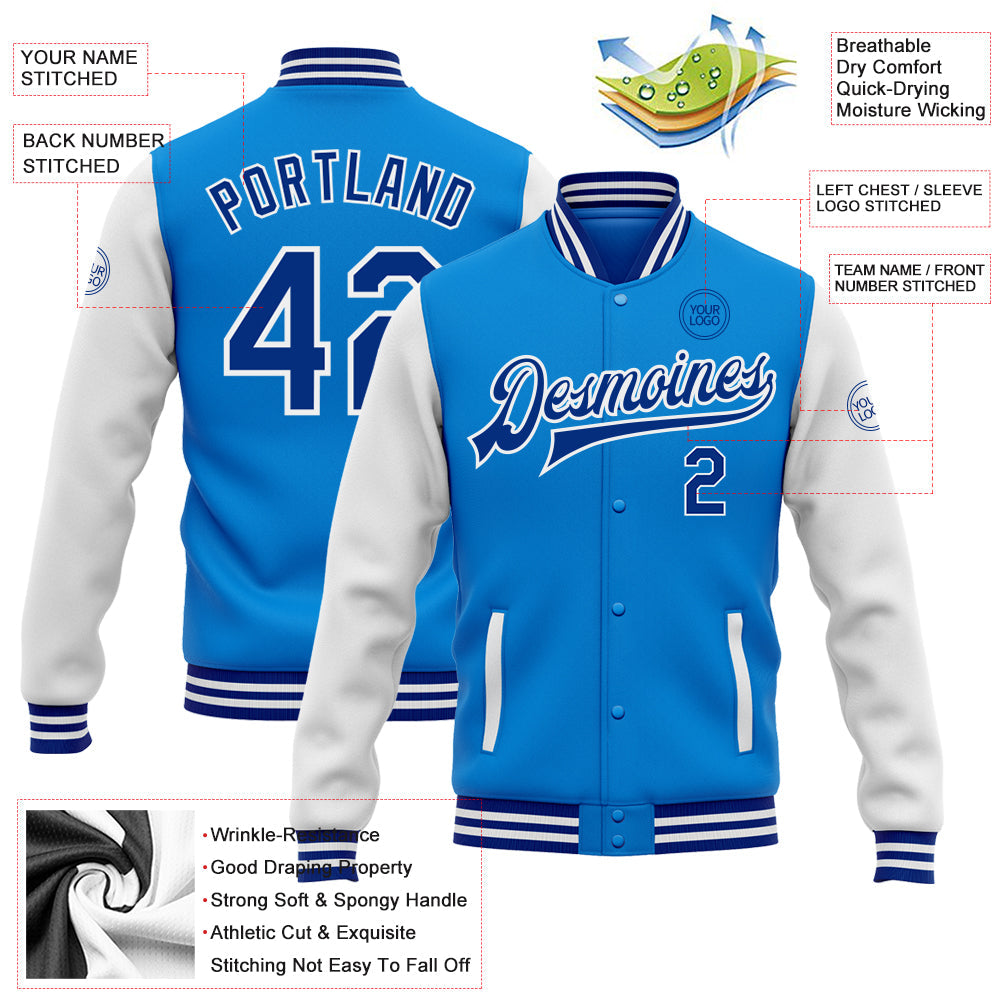 Custom Powder Blue Royal-White Bomber Full-Snap Varsity Letterman Two Tone Jacket view 5