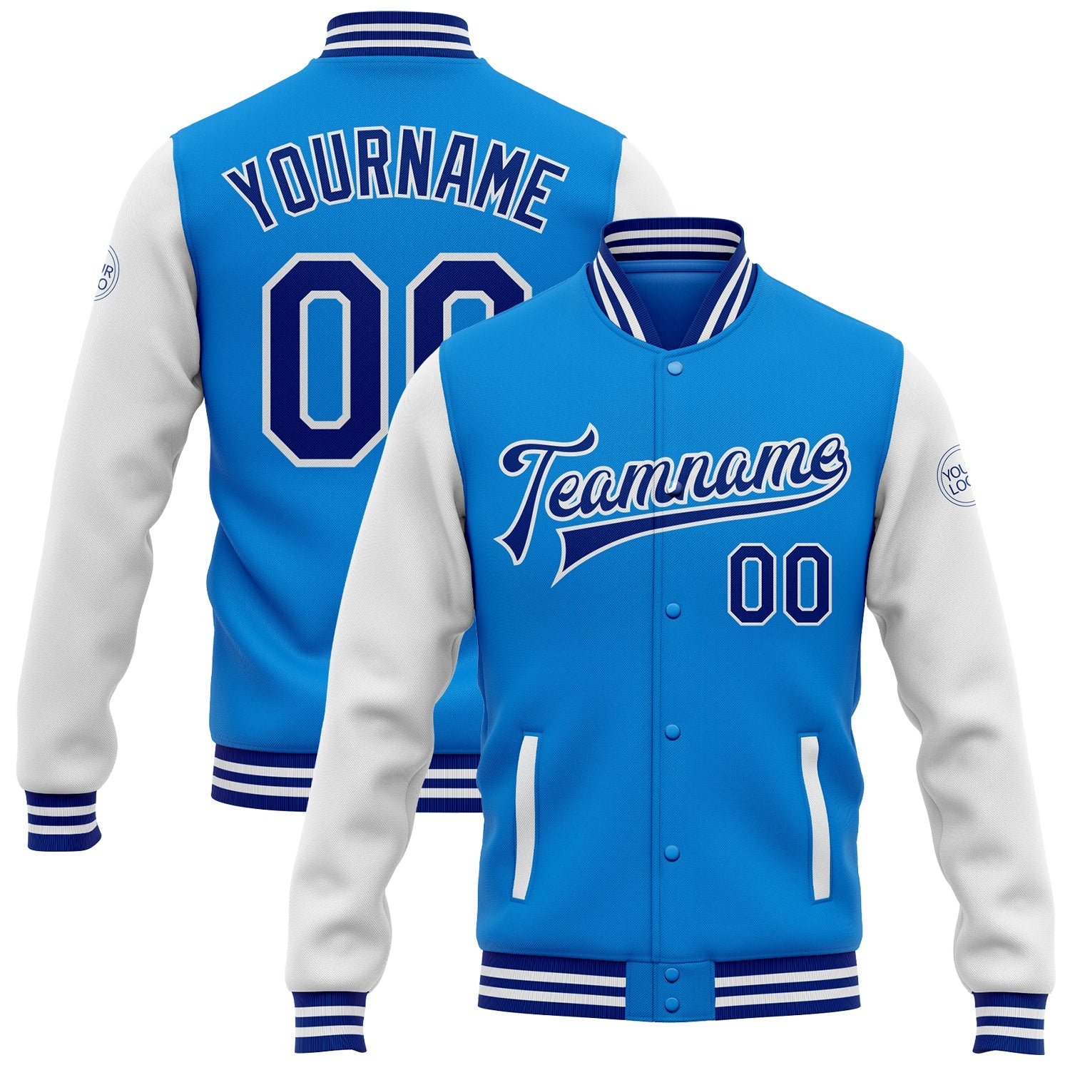 Custom Powder Blue Royal-White Bomber Full-Snap Varsity Letterman Two Tone Jacket - Main View