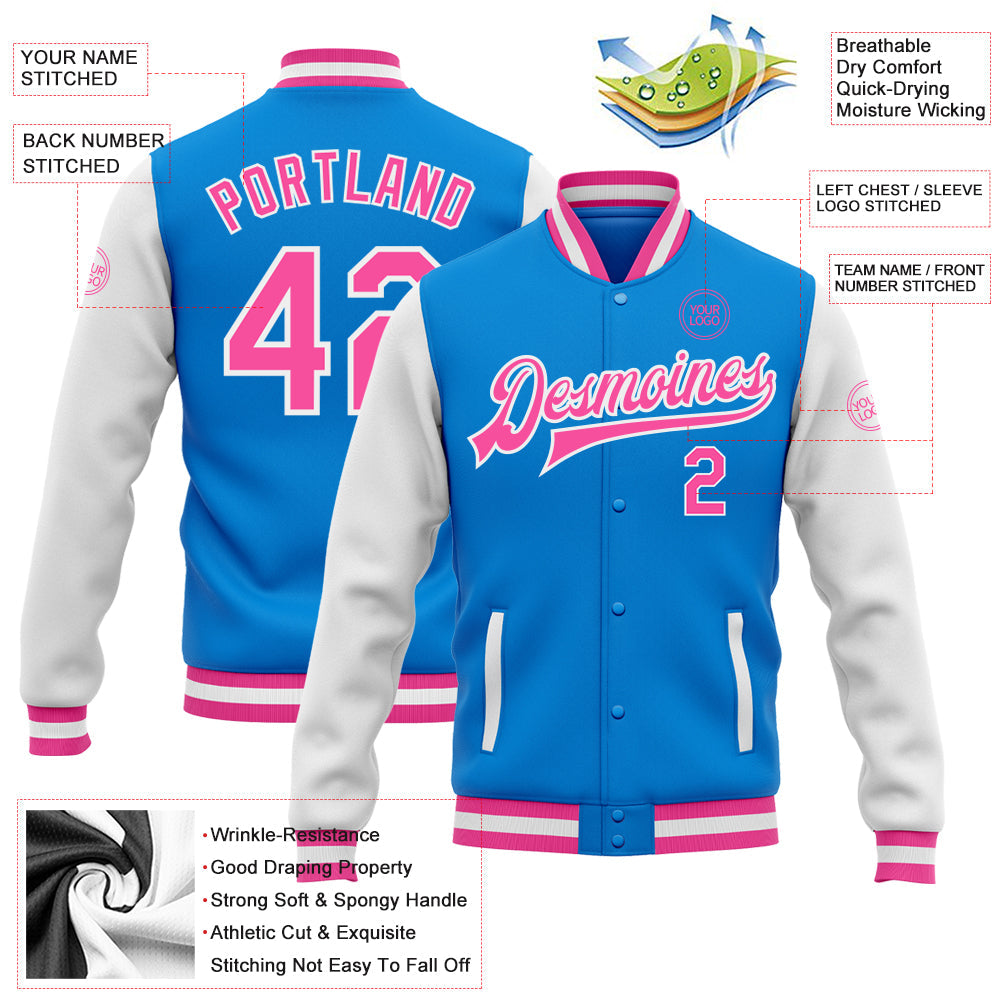 Custom Powder Blue Pink-White Bomber Full-Snap Varsity Letterman Two Tone Jacket view 5
