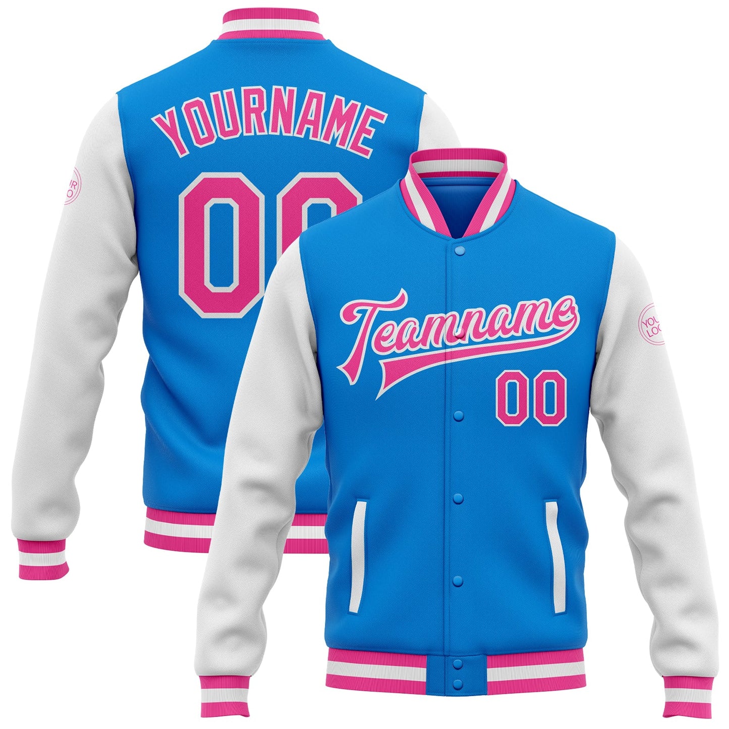 Custom Powder Blue Pink-White Bomber Full-Snap Varsity Letterman Two Tone Jacket - Main View