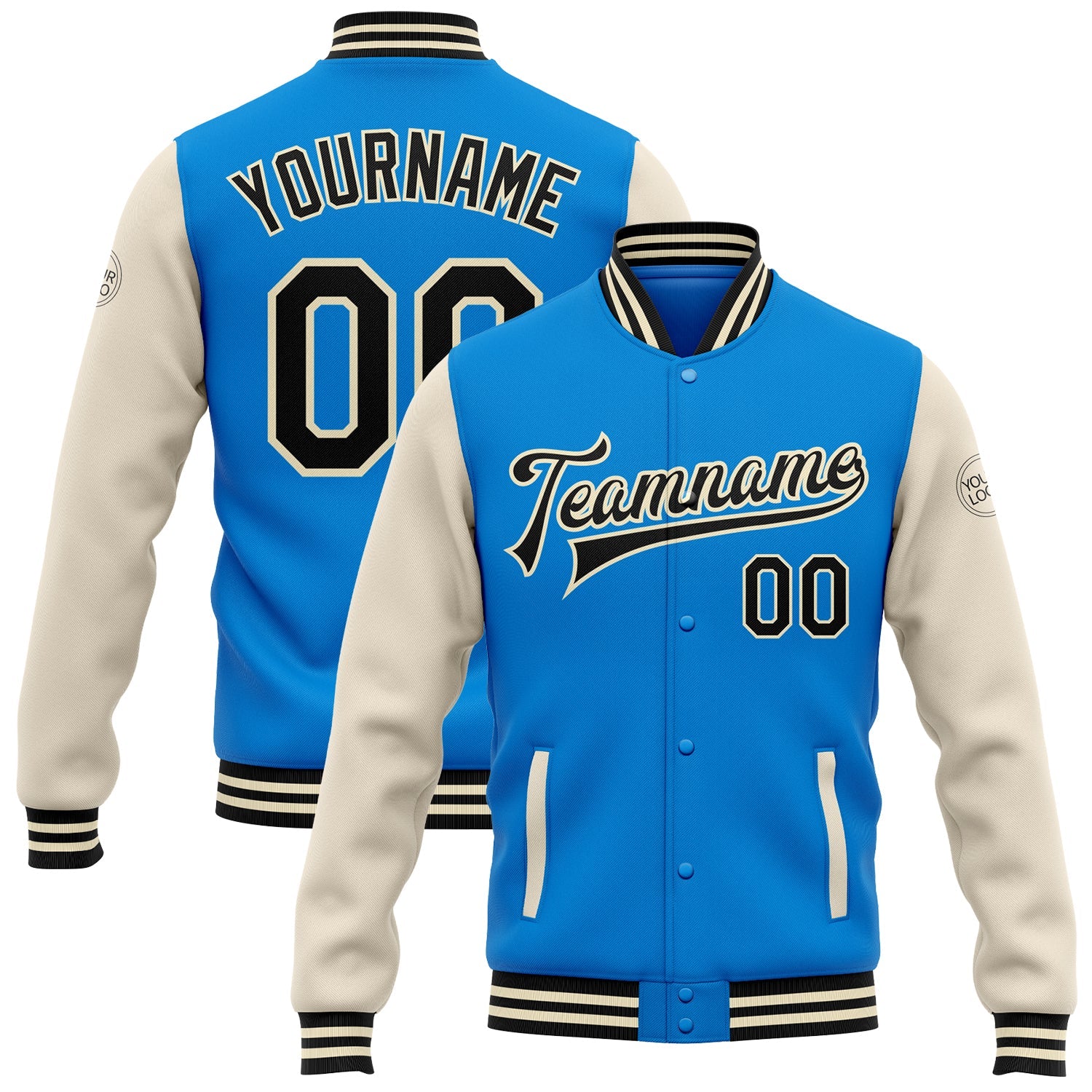 Custom Powder Blue Black-Cream Bomber Full-Snap Varsity Letterman Two Tone Jacket - Main View