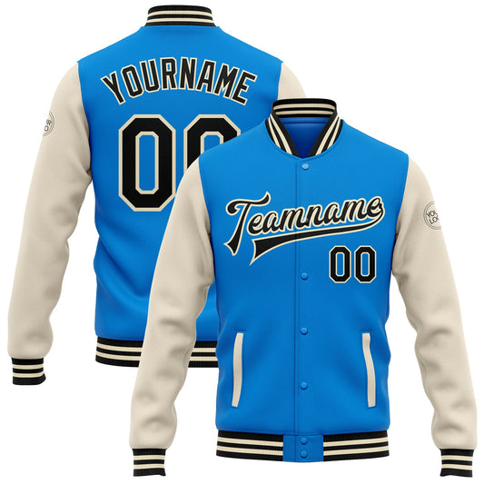 Custom Powder Blue Black-Cream Bomber Full-Snap Varsity Letterman Two Tone Jacket - Main View