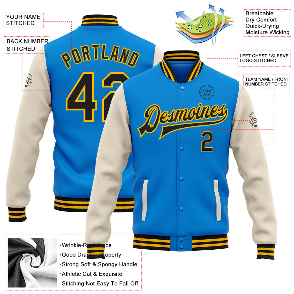 Custom Powder Blue Black Cream-Gold Bomber Full-Snap Varsity Letterman Two Tone Jacket view 5