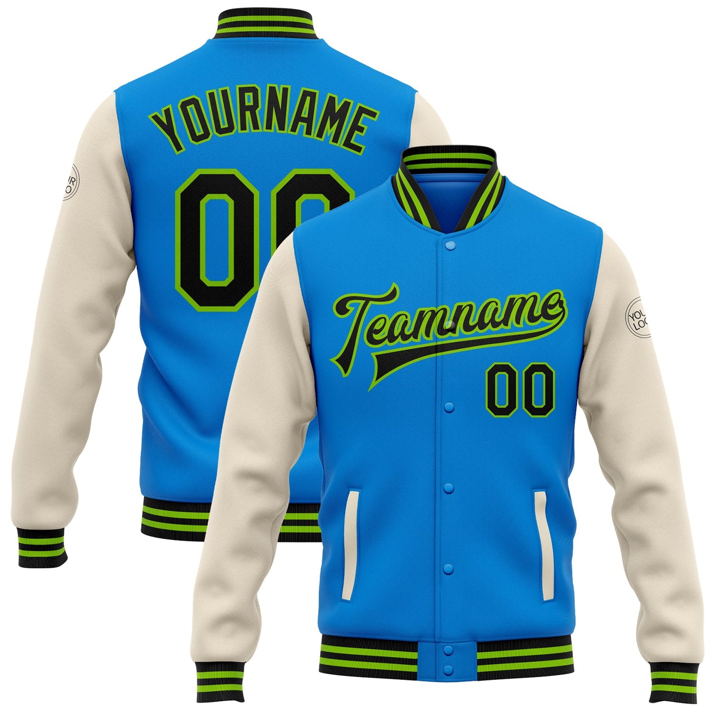 Custom Powder Blue Black Cream-Neon Green Bomber Full-Snap Varsity Letterman Two Tone Jacket - Main View