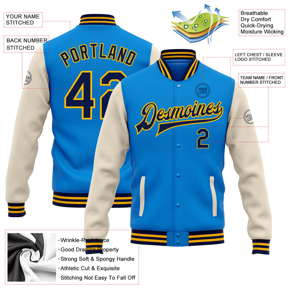 Custom Powder Blue Navy Cream-Gold Bomber Full-Snap Varsity Letterman Two Tone Jacket view 5