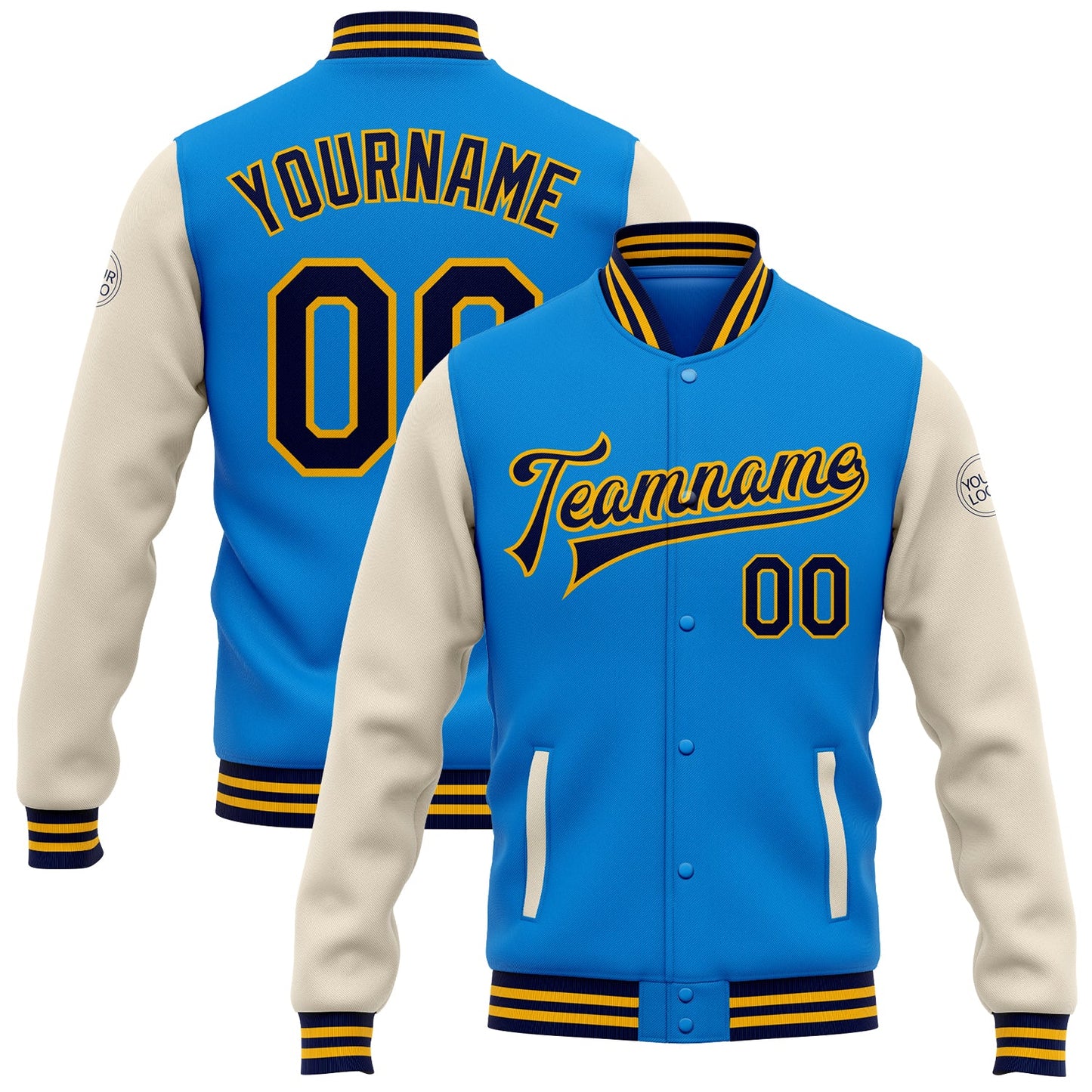 Custom Powder Blue Navy Cream-Gold Bomber Full-Snap Varsity Letterman Two Tone Jacket - Main View