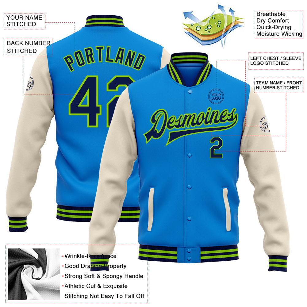 Custom Powder Blue Navy Cream-Neon Green Bomber Full-Snap Varsity Letterman Two Tone Jacket view 5