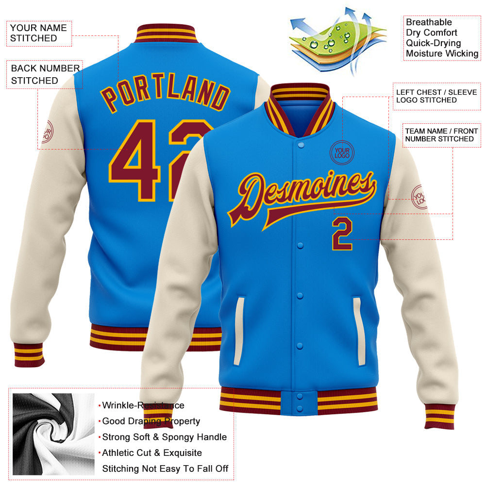 Custom Powder Blue Crimson Cream-Gold Bomber Full-Snap Varsity Letterman Two Tone Jacket view 5