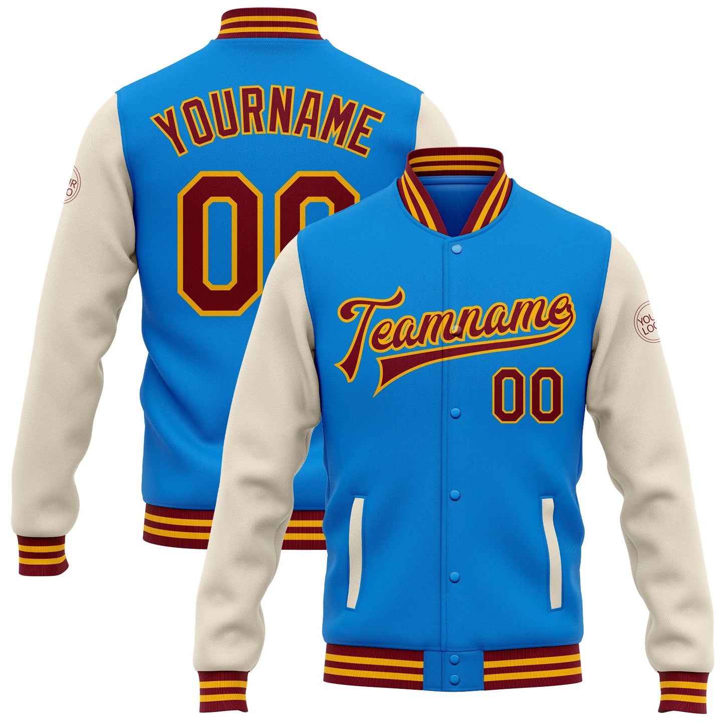 Custom Powder Blue Crimson Cream-Gold Bomber Full-Snap Varsity Letterman Two Tone Jacket - Main View