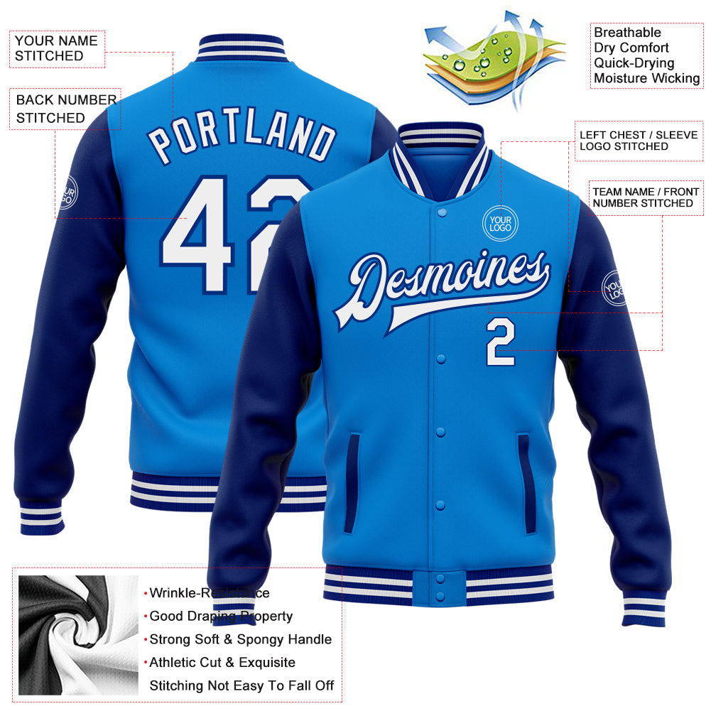 Custom Powder Blue White-Royal Bomber Full-Snap Varsity Letterman Two Tone Jacket view 5