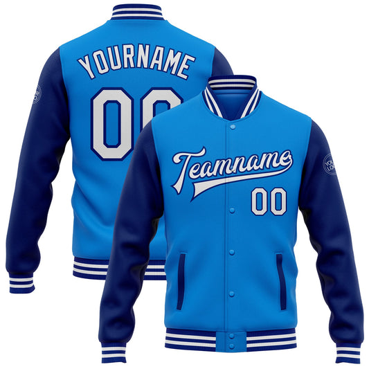 Custom Powder Blue White-Royal Bomber Full-Snap Varsity Letterman Two Tone Jacket - Main View