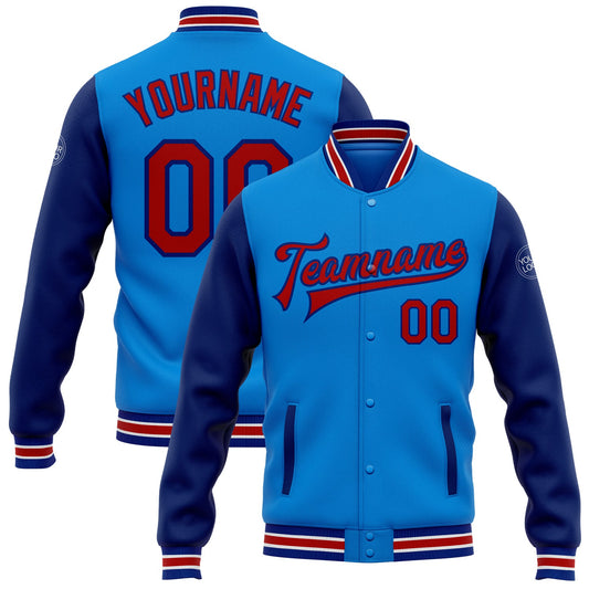Custom Powder Blue Red-Royal Bomber Full-Snap Varsity Letterman Two Tone Jacket - Main View