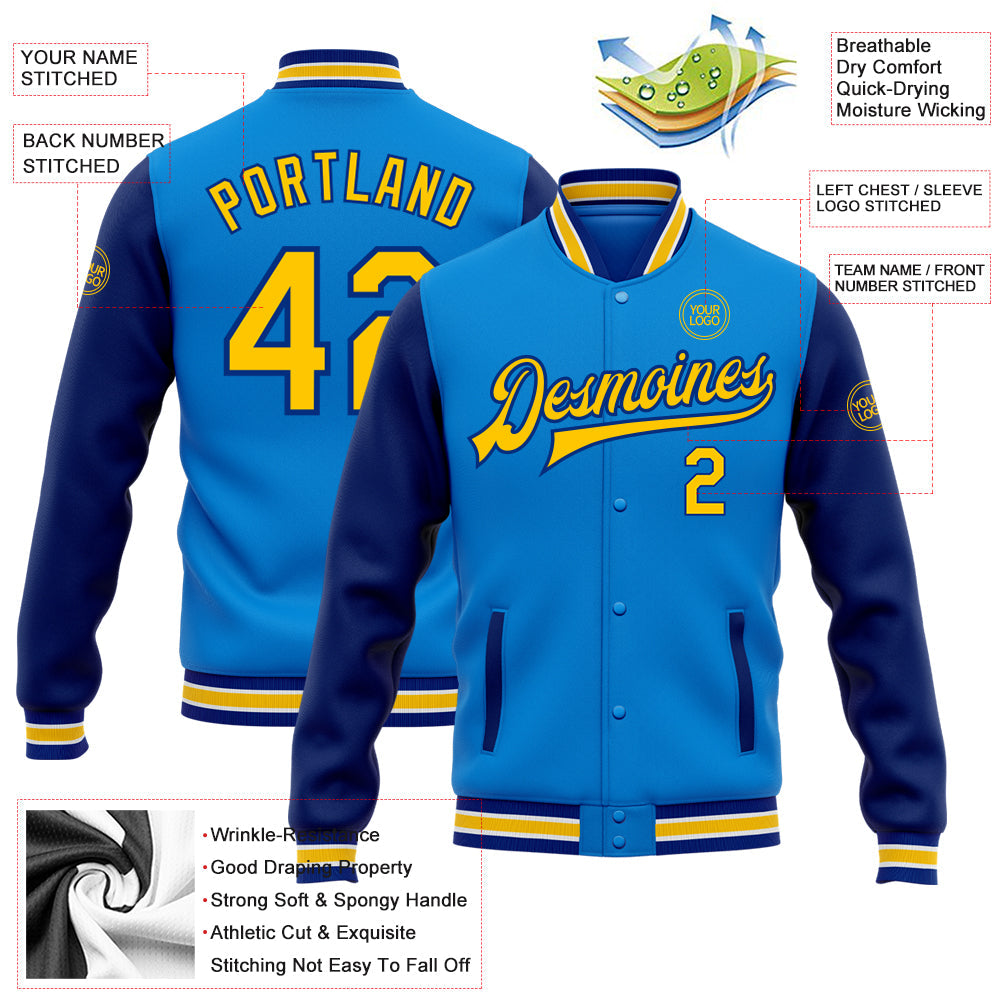Custom Powder Blue Yellow-Royal Bomber Full-Snap Varsity Letterman Two Tone Jacket view 5