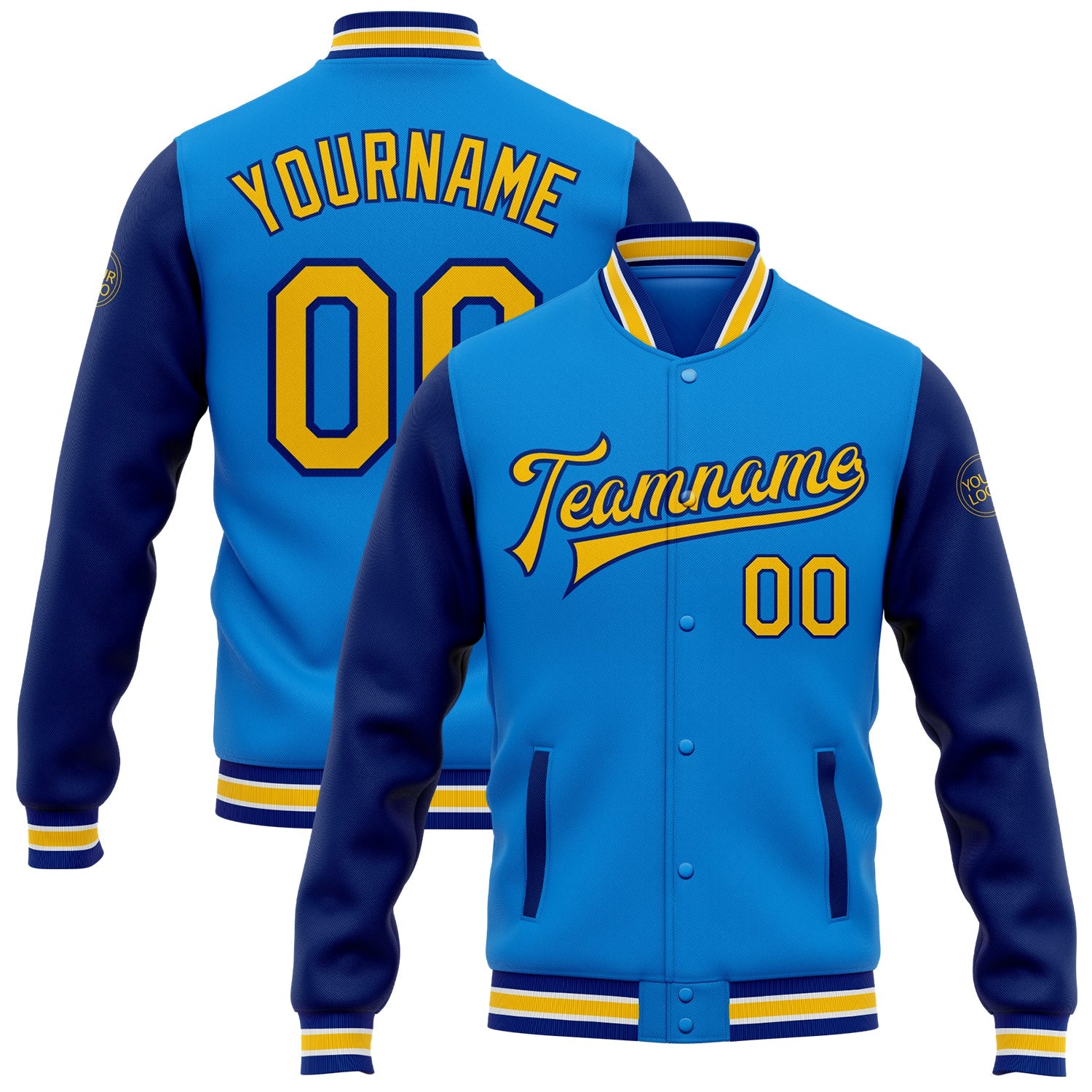 Custom Powder Blue Yellow-Royal Bomber Full-Snap Varsity Letterman Two Tone Jacket - Main View