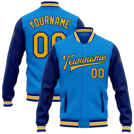 Custom Powder Blue Yellow-Royal Bomber Full-Snap Varsity Letterman Two Tone Jacket - Main View
