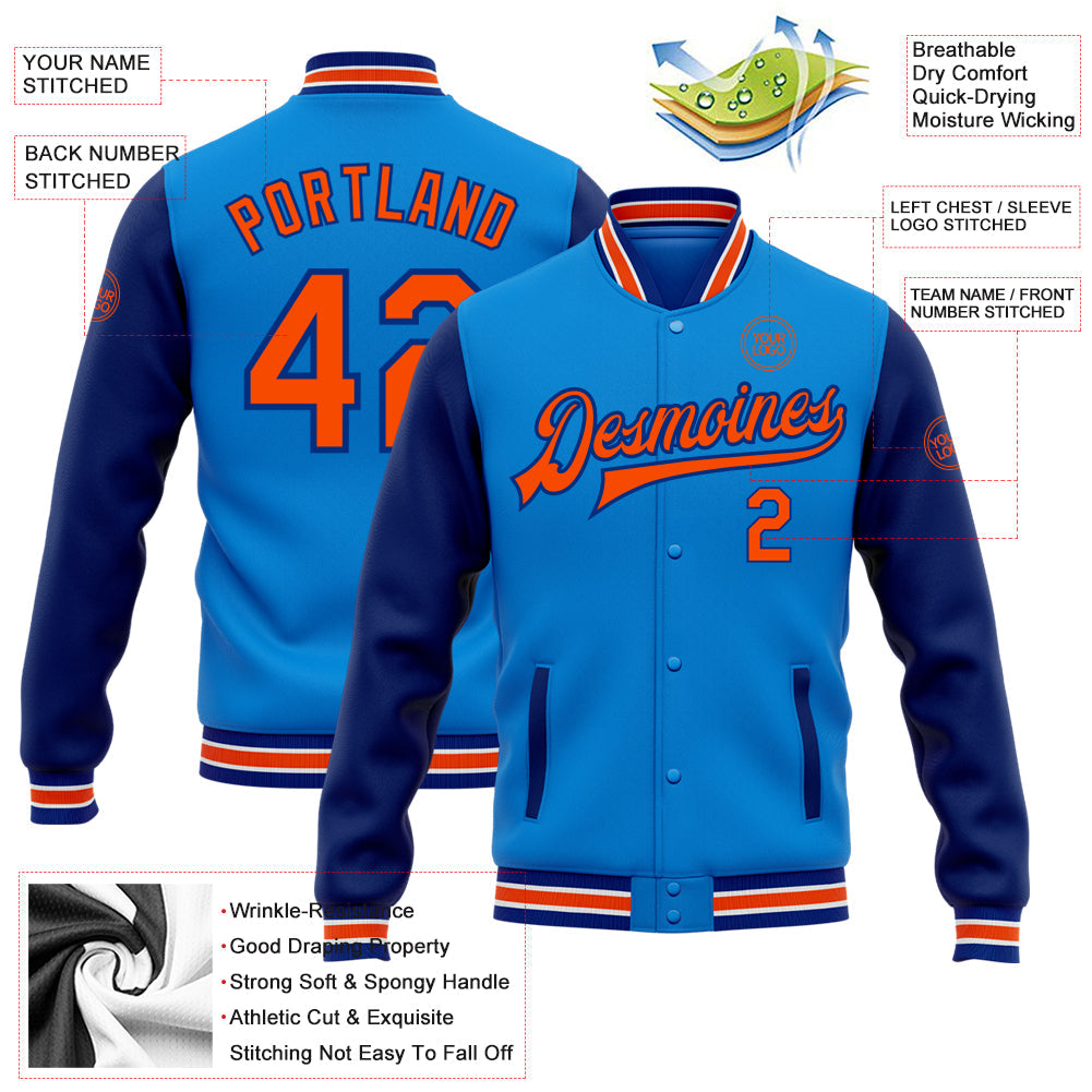Custom Powder Blue Orange-Royal Bomber Full-Snap Varsity Letterman Two Tone Jacket view 5