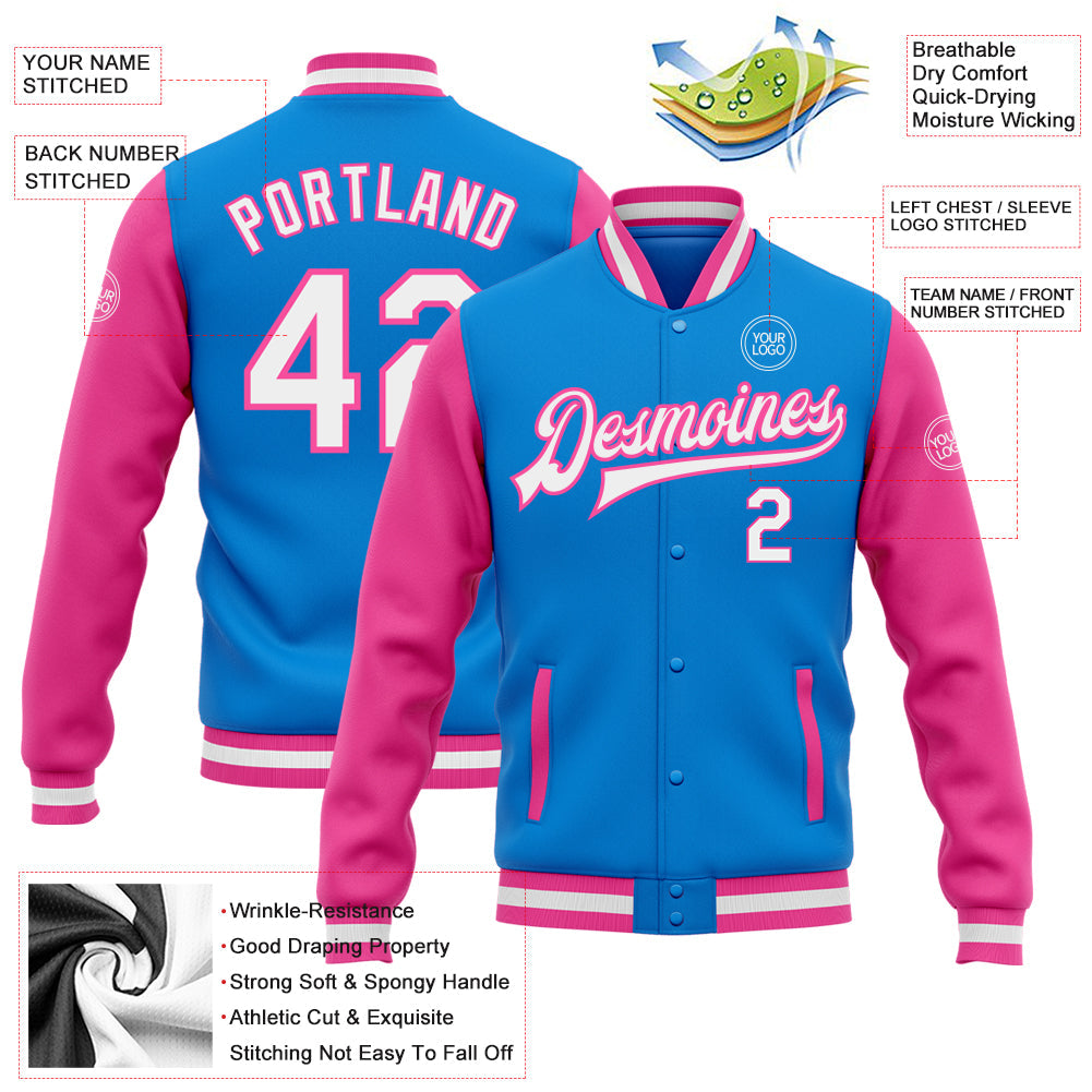 Custom Powder Blue White-Pink Bomber Full-Snap Varsity Letterman Two Tone Jacket view 5