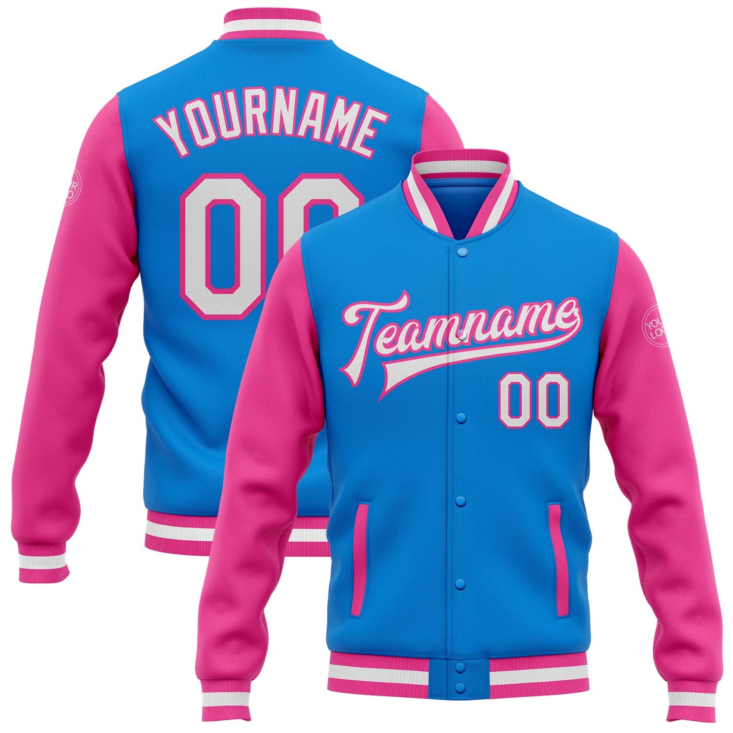 Custom Powder Blue White-Pink Bomber Full-Snap Varsity Letterman Two Tone Jacket - Main View