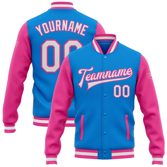 Custom Powder Blue White-Pink Bomber Full-Snap Varsity Letterman Two Tone Jacket - Main View