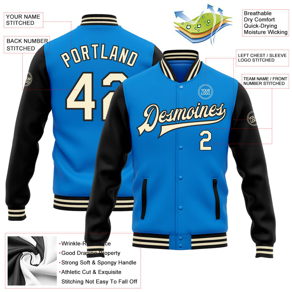 Custom Powder Blue Cream-Black Bomber Full-Snap Varsity Letterman Two Tone Jacket view 5
