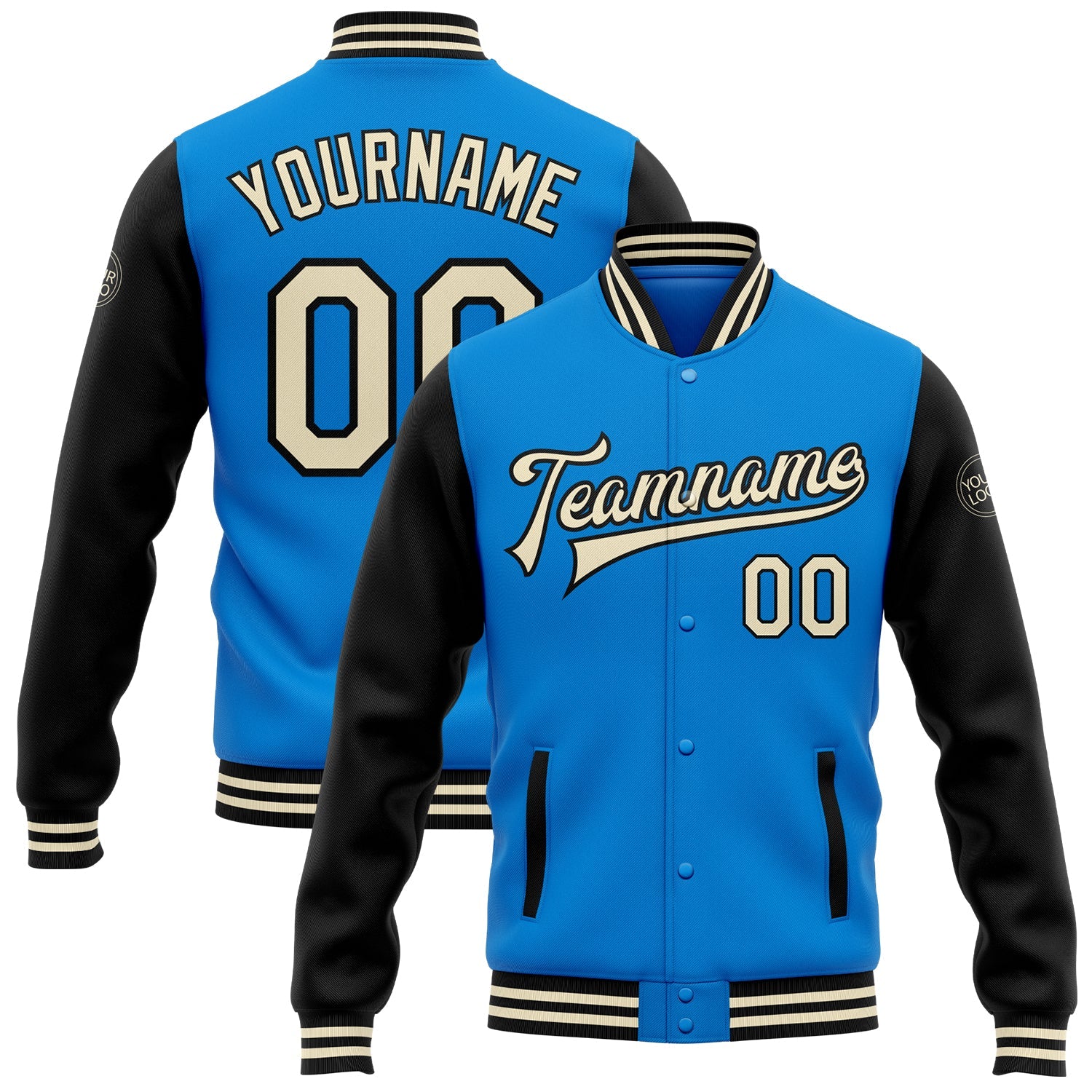 Custom Powder Blue Cream-Black Bomber Full-Snap Varsity Letterman Two Tone Jacket - Main View