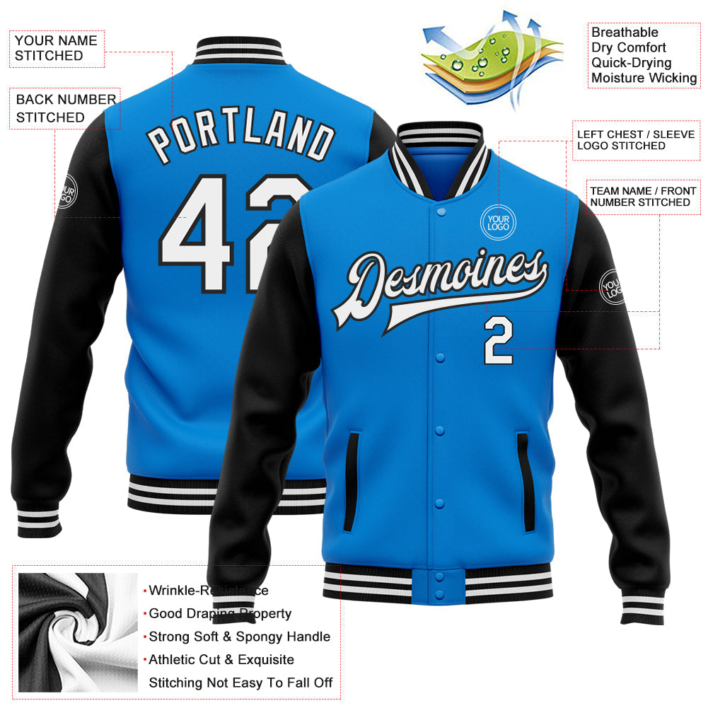 Custom Powder Blue White-Black Bomber Full-Snap Varsity Letterman Two Tone Jacket view 5
