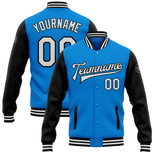 Custom Powder Blue White-Black Bomber Full-Snap Varsity Letterman Two Tone Jacket - Main View