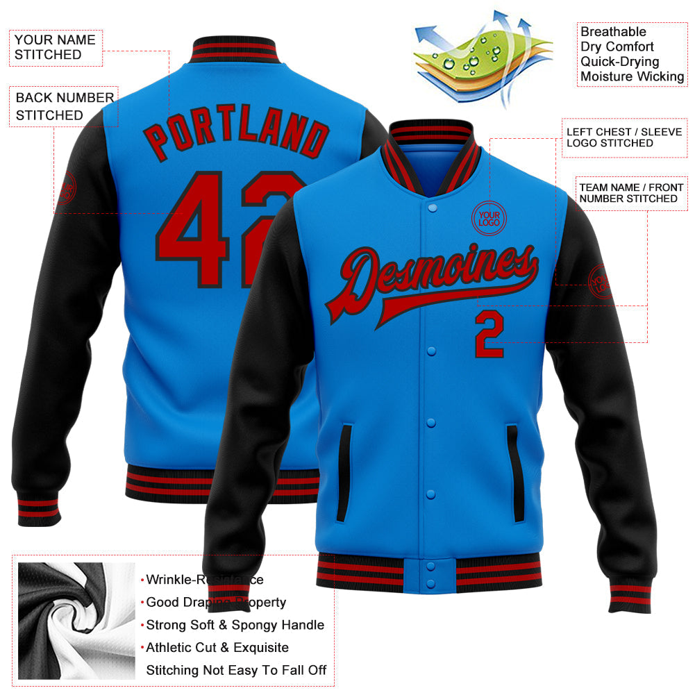 Custom Powder Blue Red-Black Bomber Full-Snap Varsity Letterman Two Tone Jacket view 5