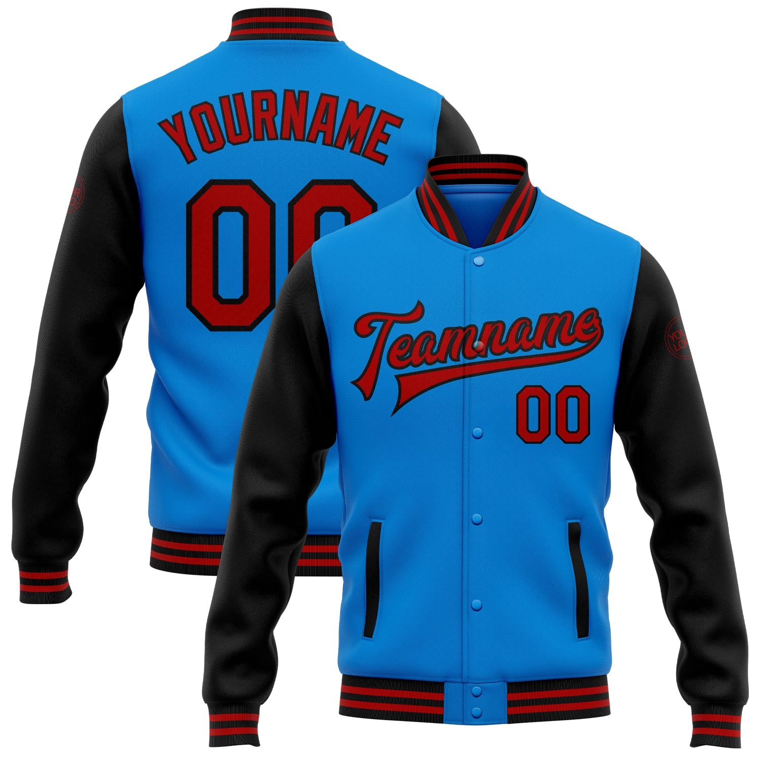 Custom Powder Blue Red-Black Bomber Full-Snap Varsity Letterman Two Tone Jacket - Main View