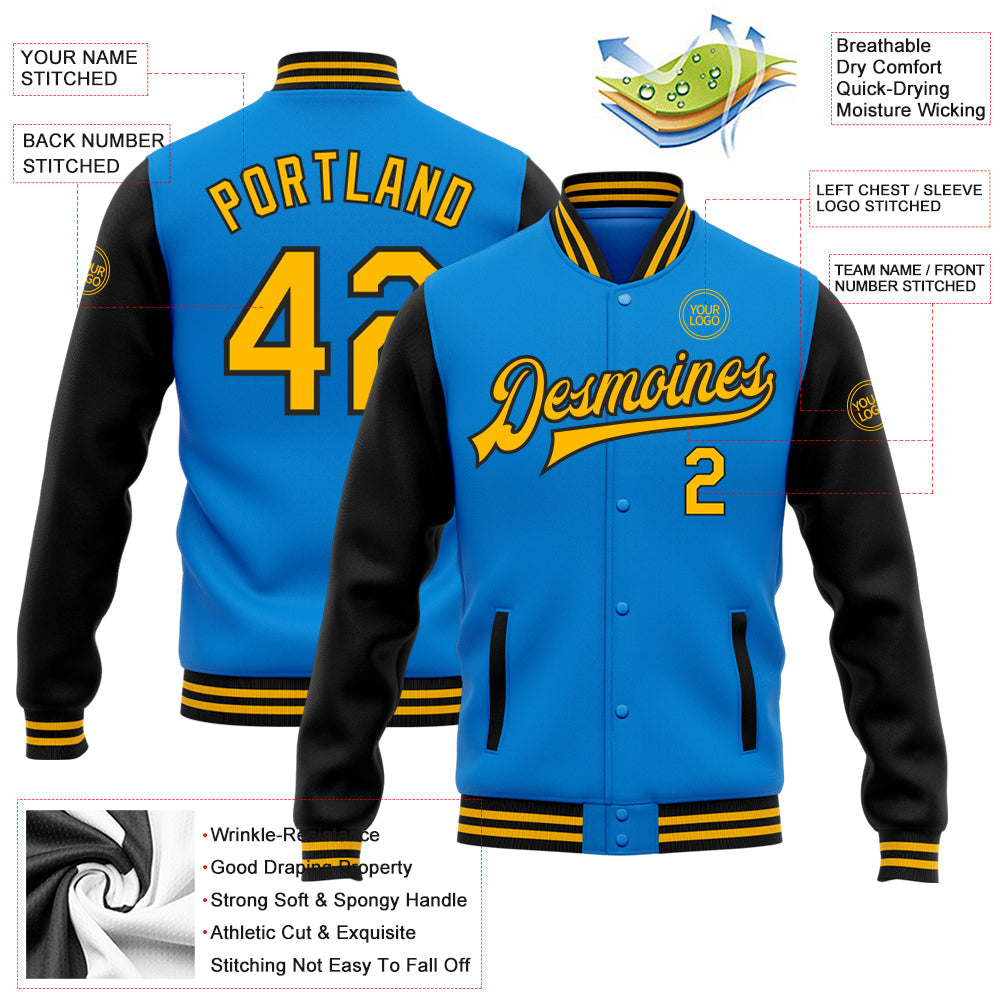 Custom Powder Blue Gold-Black Bomber Full-Snap Varsity Letterman Two Tone Jacket view 5