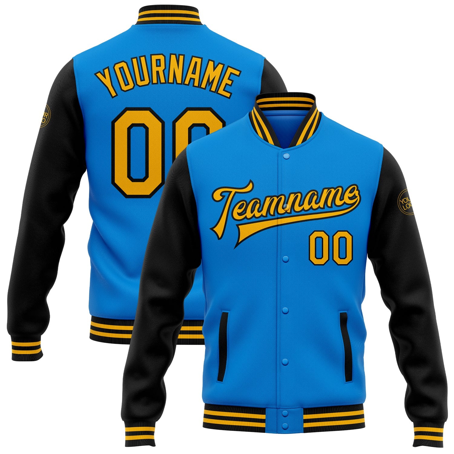 Custom Powder Blue Gold-Black Bomber Full-Snap Varsity Letterman Two Tone Jacket - Main View