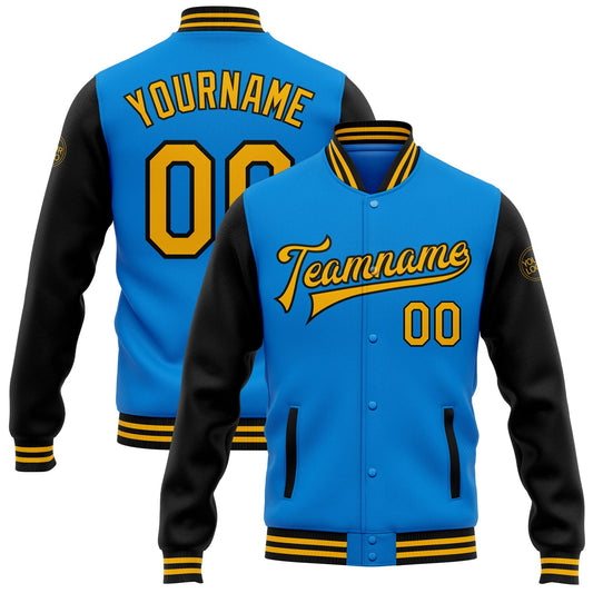 Custom Powder Blue Gold-Black Bomber Full-Snap Varsity Letterman Two Tone Jacket - Main View