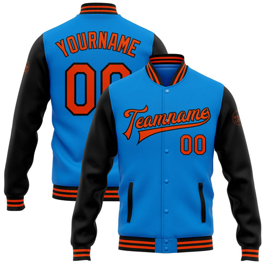 Custom Powder Blue Orange-Black Bomber Full-Snap Varsity Letterman Two Tone Jacket - Main View