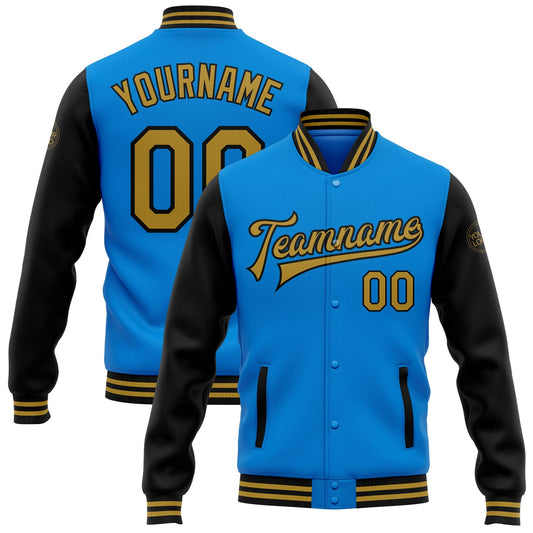 Custom Powder Blue Old Gold-Black Bomber Full-Snap Varsity Letterman Two Tone Jacket - Main View