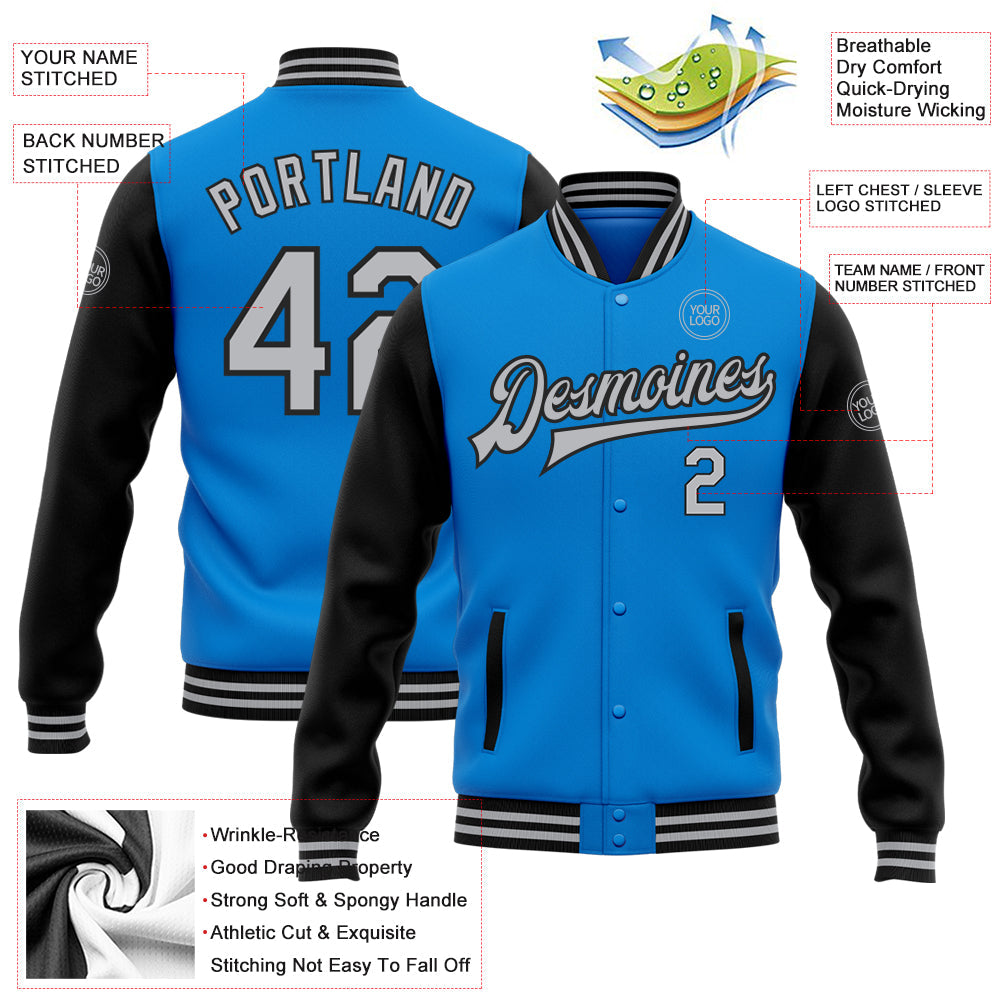 Custom Powder Blue Gray-Black Bomber Full-Snap Varsity Letterman Two Tone Jacket view 5