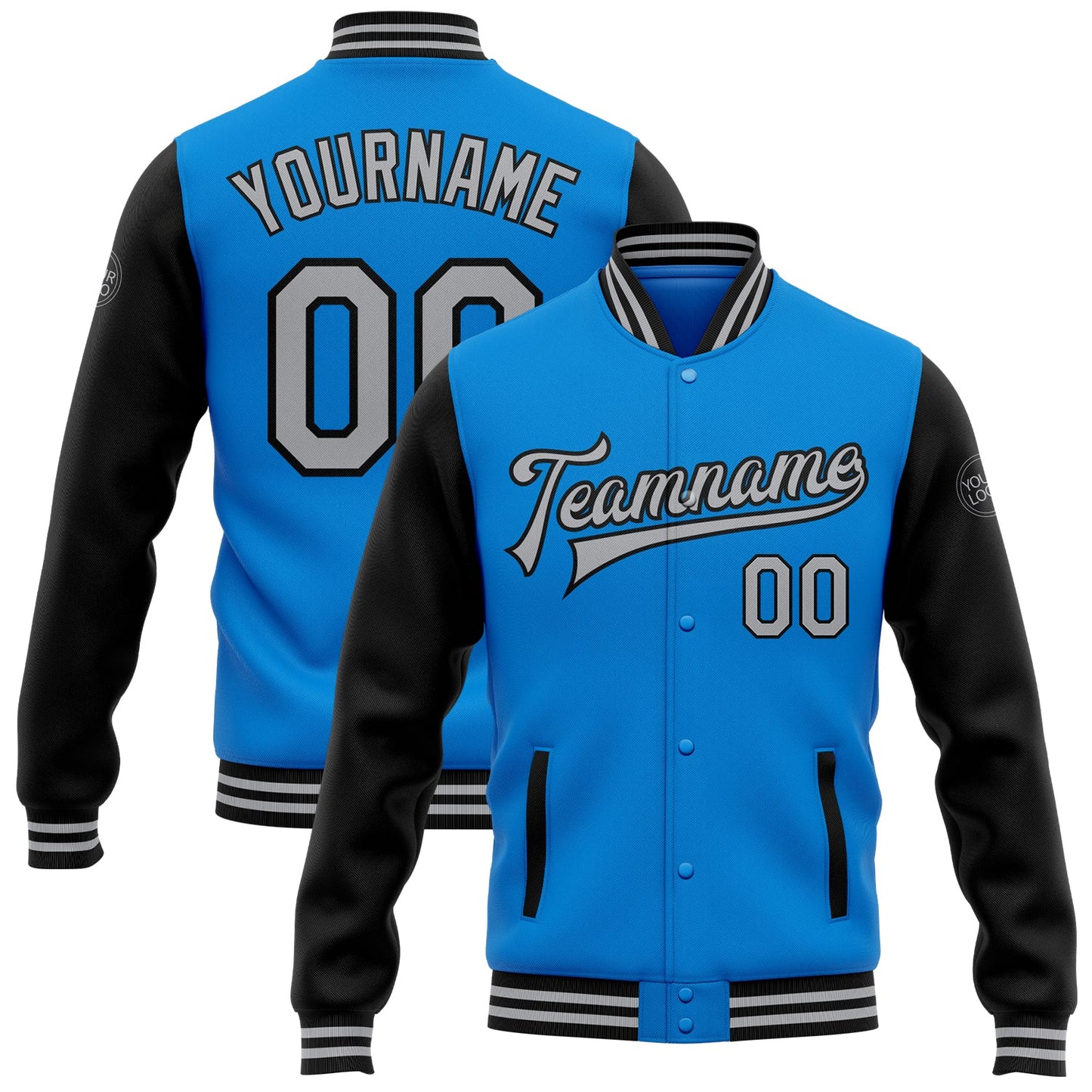 Custom Powder Blue Gray-Black Bomber Full-Snap Varsity Letterman Two Tone Jacket - Main View