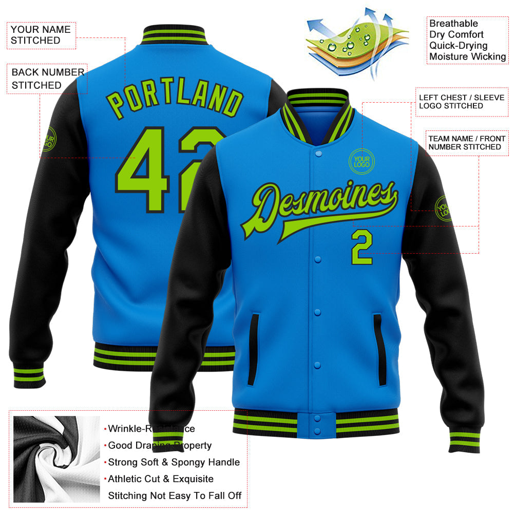 Custom Powder Blue Neon Green-Black Bomber Full-Snap Varsity Letterman Two Tone Jacket view 5